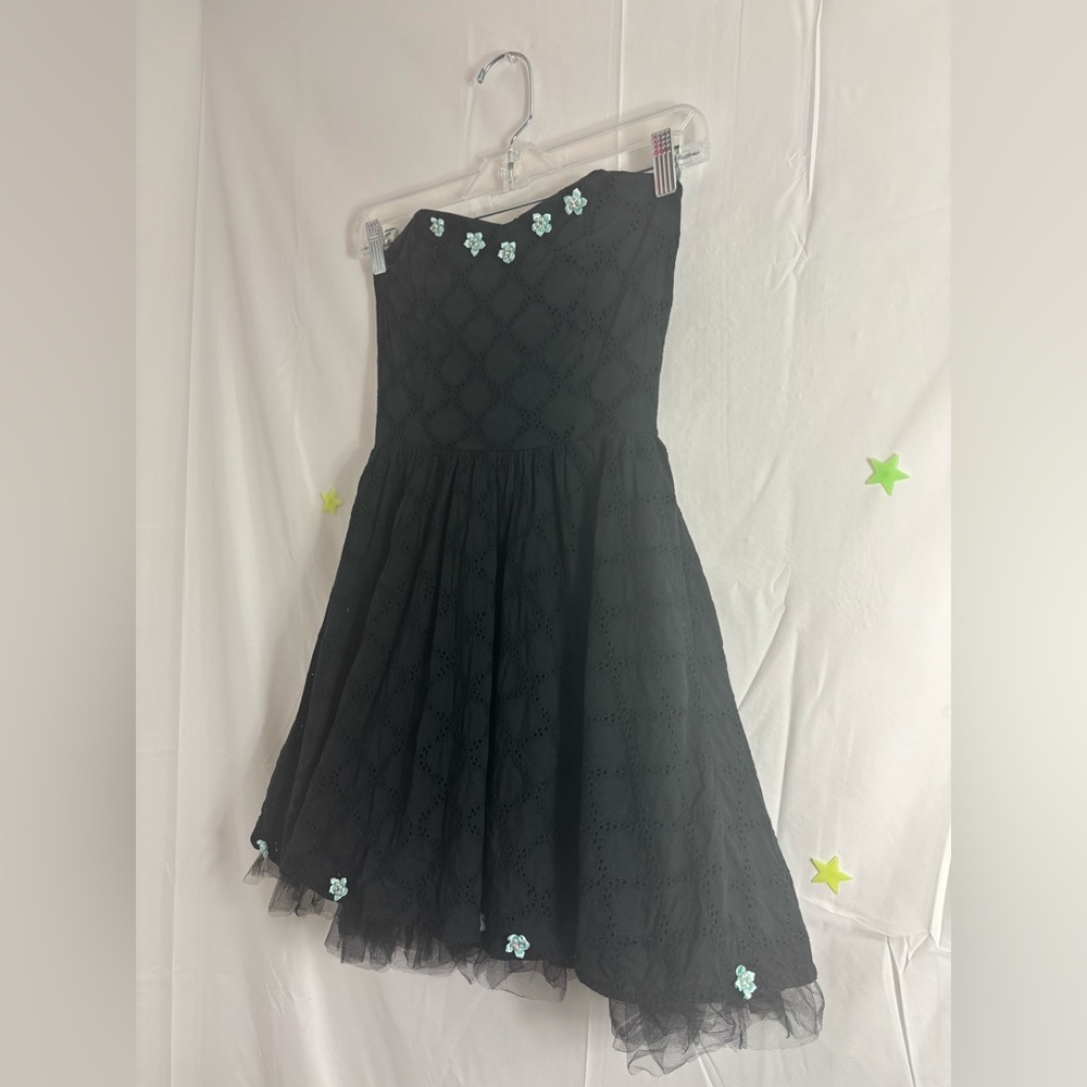 Y2K Strapless Dark Fairy Tulle Mini Dress with Blue Flower Embellishments Size S - Picture 10 of 16